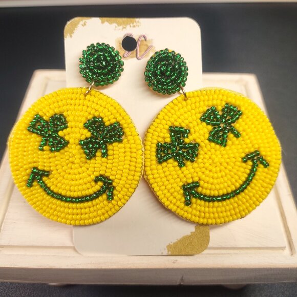 Southern Cuties Boutique St. Patrick's Day Smiley Face Shamrock Beaded Earrings - Picture 1 of 7